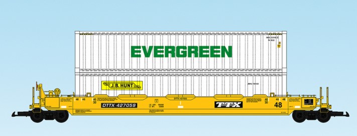 USA Trains : Art. Nr. 17104-  48 Fu Containertragwagen TTX, gelbe Ausfhrung, zwei Container