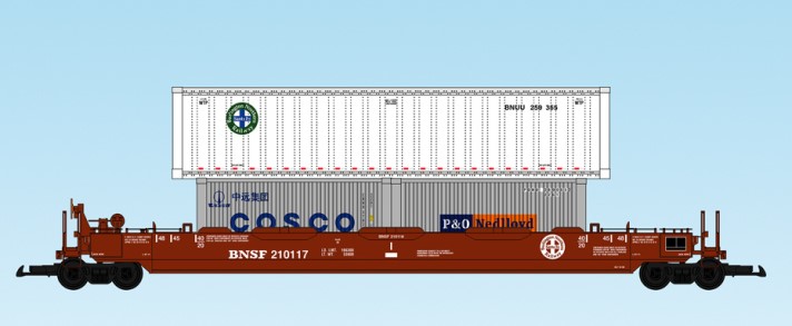 USA Trains : Art. Nr. 17110-  48 Fu Containertragwagen BNSF - brauner Wagen, drei Container