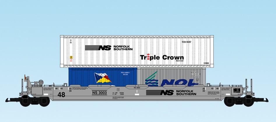 USA Trains : Art. Nr. 17118 -  48 Fu Containertragwagen NS Norfolk Southern, grauer 48 Fu Tragwagen - drei Container