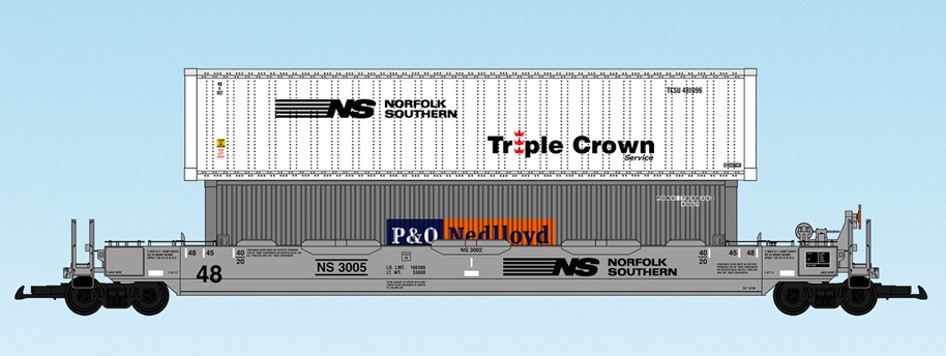 USA Trains : Art. Nr. 17120 -  48 Fu Containertragwagen NS Norfolk Southern, grauer 48 Fu Tragwagen - zwei Container