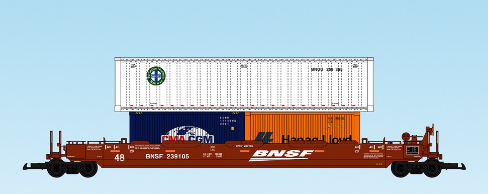 USA Trains : Art. Nr. 17137 - 48 Fu Containertragwagen BNSF mit drei  Containern