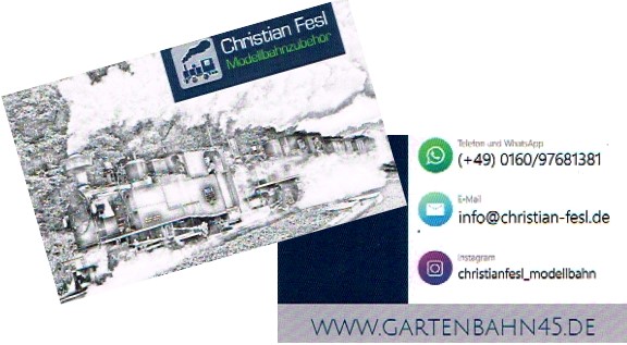 Die Visitenkarte von Christian Fesl - Modellbahnzubehör - zeigt auf der Vorderseite einen schönen Zug in gemalter Optik. Auf der Rückseite sind alle Kontaktdaten vorhanden.