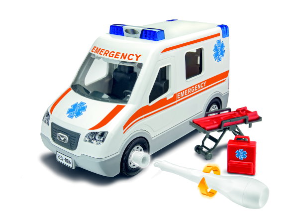 Krankenwagen in Spur G zur Ergänzung der Ausstattung. Hier das Modell von Revell. 