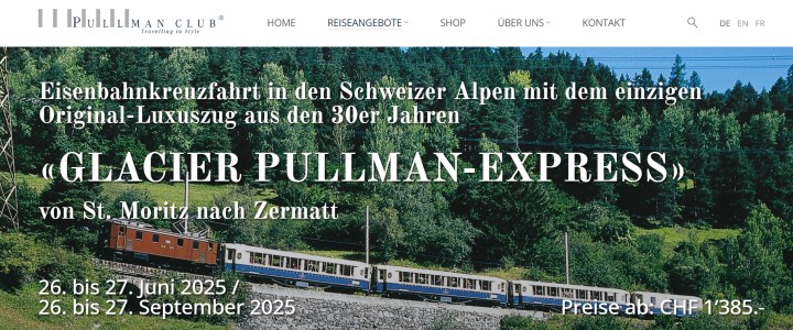 Eisenbahnkreuzfahrt in den Schweizer Alpen mit dem einzigen Original-Luxuszug aus den 30er Jahren - Glacier Pullman-Express - Weitere Informationen und zum Buchen bitte auf das Bild klicken!