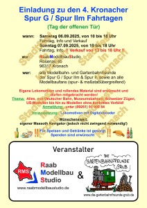 Einladung zu den 4. Kronacher Spur G / Spur IIm Fahrtagen (Tag der offenen Tür) am Samstag, 6. September 2025 und Sonntag, 7. September 2025, jeweils von 10-18 Uhr (am Sonntag Verkauf von 13 bis 18 Uhr.