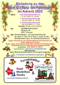 Einladung zu den Spur G / Spur IIm Fahrtagen im Advent 2025 - Adventszauber am Freitag, 28. November 2025 von 12-20 Uhr, Samstag, 29.11.2025 von 10-17 Uhr und 20.12.2025 von 10-17 Uhr