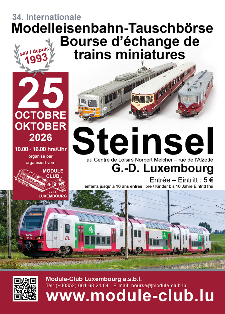 Modelleisenbahn Tauschbörse am Sonntag, 25. Oktober 2026. Mehr Informationen bitte auf das Bild klicken.