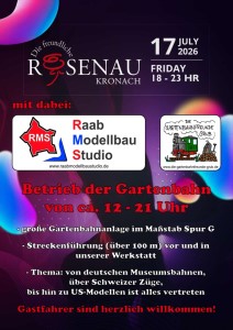 Von 12 bis 21 Uhr f�hrt die Gartenbahn auf �ber 100 Meter Gleis im und um das Modellbau Studio Raab in Kronach Rosenau am Samstag, den 17. Juli 2026. Thema: von deutschen Museumsbahnen �ber schweizer Bahnen (RhB, F0) bis hin zu US Bahnen. 