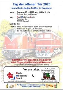 Tag der offenen T�r 2026 zum Drei-L�nder-Treffen in Kronach im Modellbau Studio Raab. 3.10.2026 - 10-16 Uhr. 