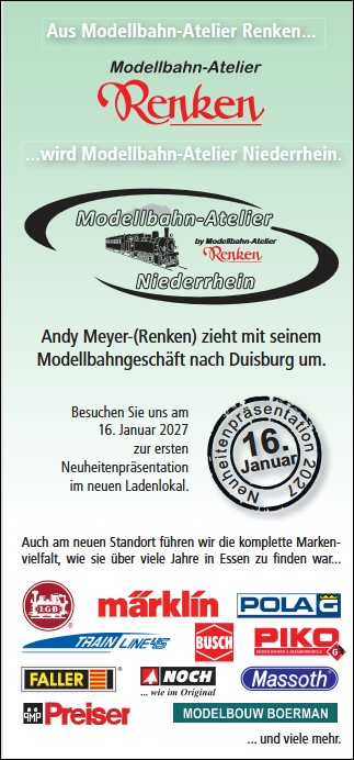 Die erste Neuheitenpräsentation vom Modellbahn-Atelier Niederrhein in den neuen Räumen - Sternbuschweg 170, 47057 Duisburg findet am Samstag, den 16. Januar 2027 statt.