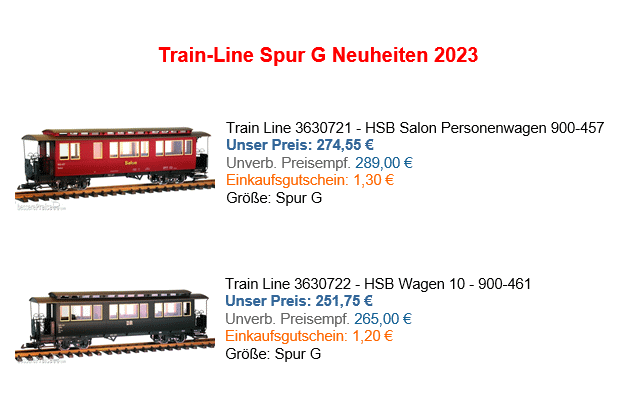 Die beiden HSB Wagen von Train Line, Art. Nr. 3630721 und 3630722 werden als Neuheiten mit dem Preis von bessere Preise.com angeboten. (Auf´s Bild klicken und zum Angebot gelangen!) 