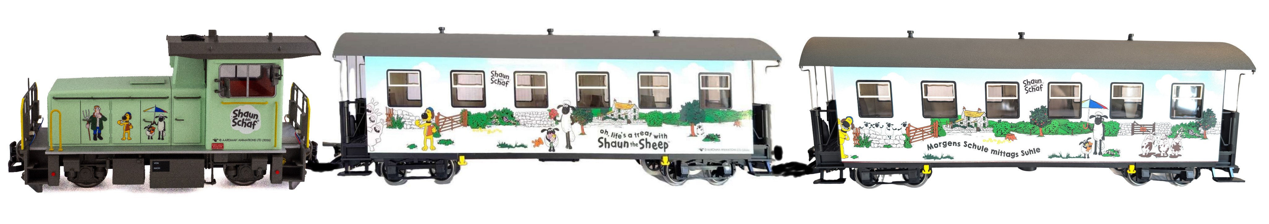 Artikelnummer 2050562 - Lok Shaun das Schaf, Personenwagen:  3230920 "oh life is a treat" und Personenwagen: 3230921 "morgens in die Schule - mittag in die Suhle". 