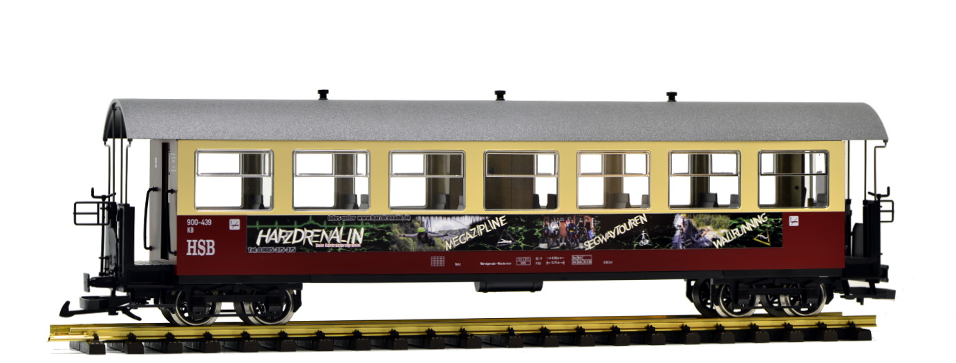 Erste Neuheit 2014 - Harzdrenalin-Werbewagen der HSB - Harzer Schmalspurbahnen - von Trainline Gartenbahnen bereits ausgeliefert. 