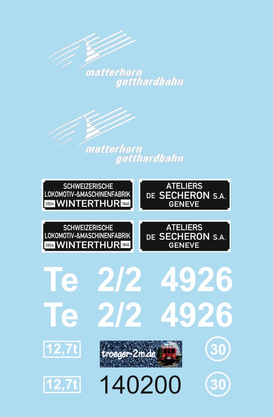 Beschriftungssatz fr Rangiertraktor Te 2/2 4926 der Matterhorn Gotthard Bahn